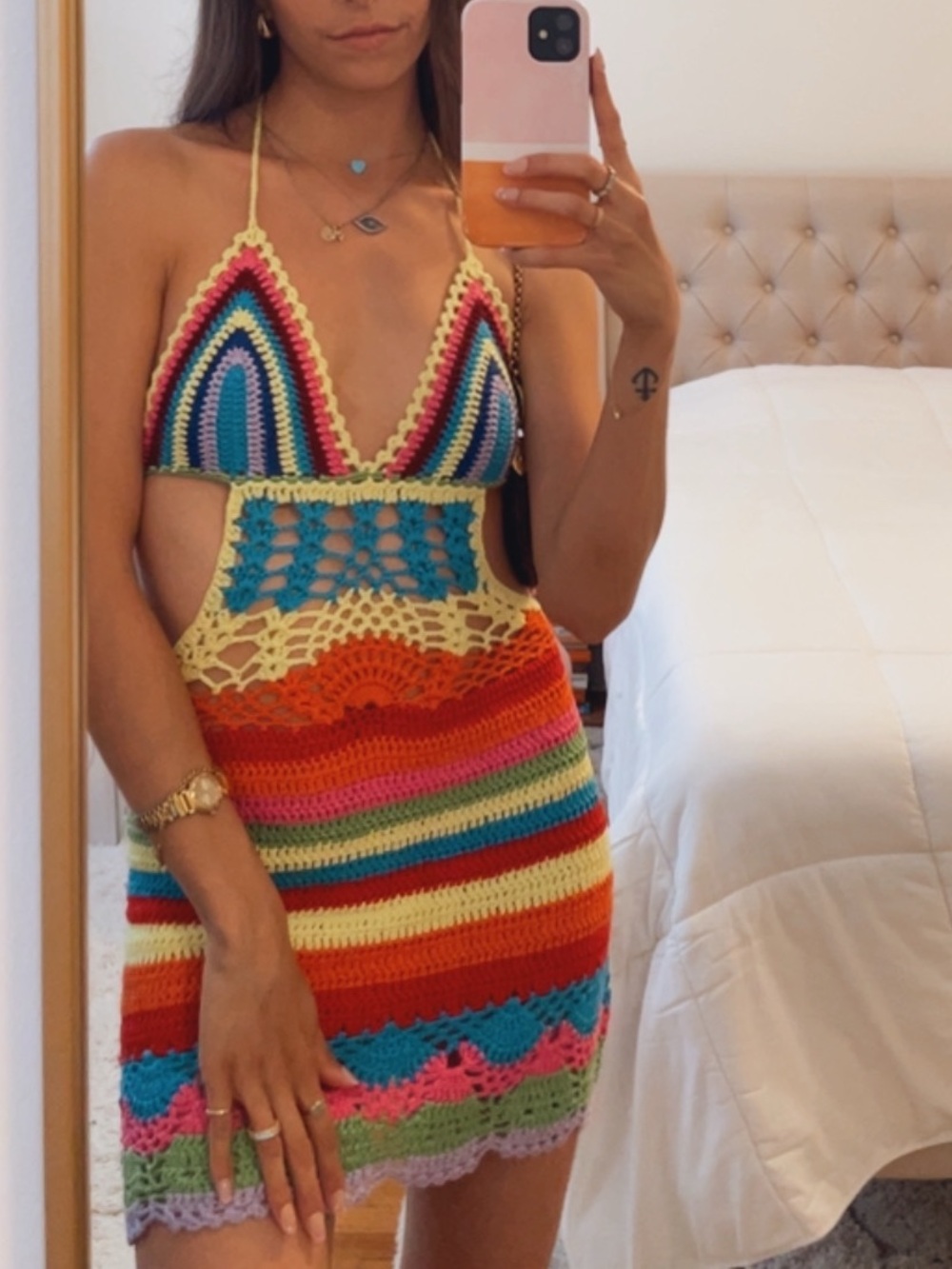 BOOHOO • Multi Stripe Crochet Rainbow Beach Mini Dress